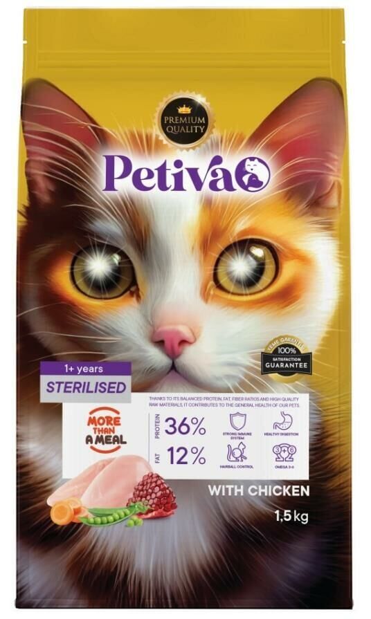 Petiva Kısırlaştırılmış Yetişkin Kediler İçin Tavuk Etli Kuru Kedi Maması 1,5 Kg