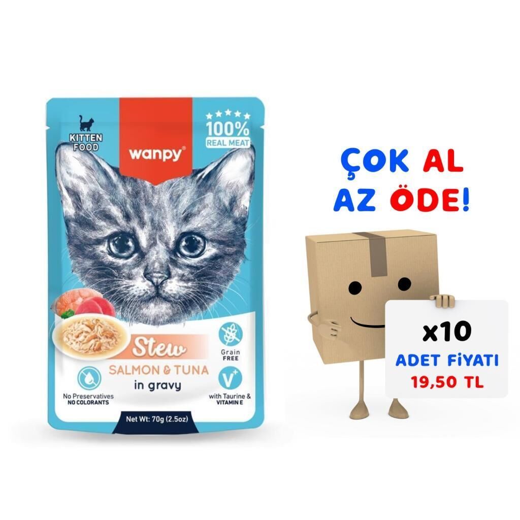 Wanpy Stew Pouch Ton Balıklı Somonlu Yaş Kedi Maması 70g 10'lu Paket