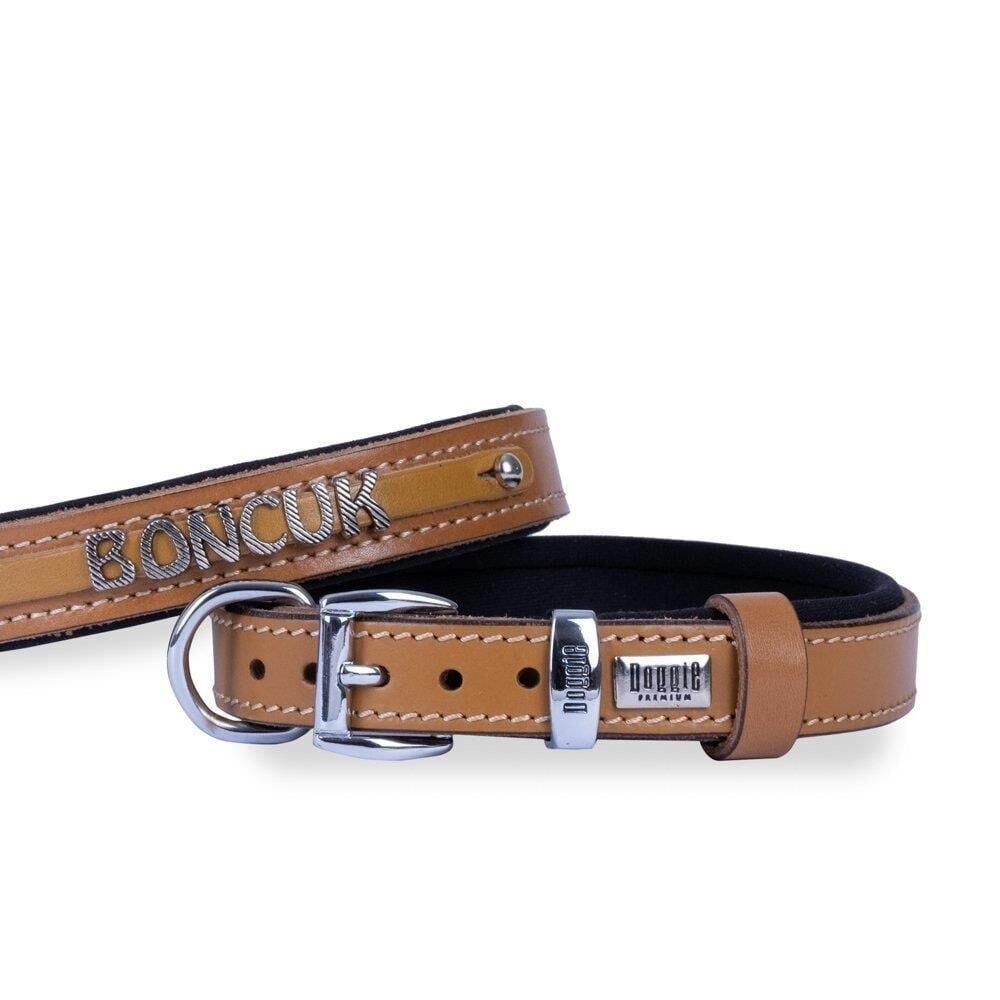Doggie Konforlu Gerçek Deriden El Yapımı İsimlikli Köpek Boyun Tasması 1,5x25-30cm - Açık Kahve