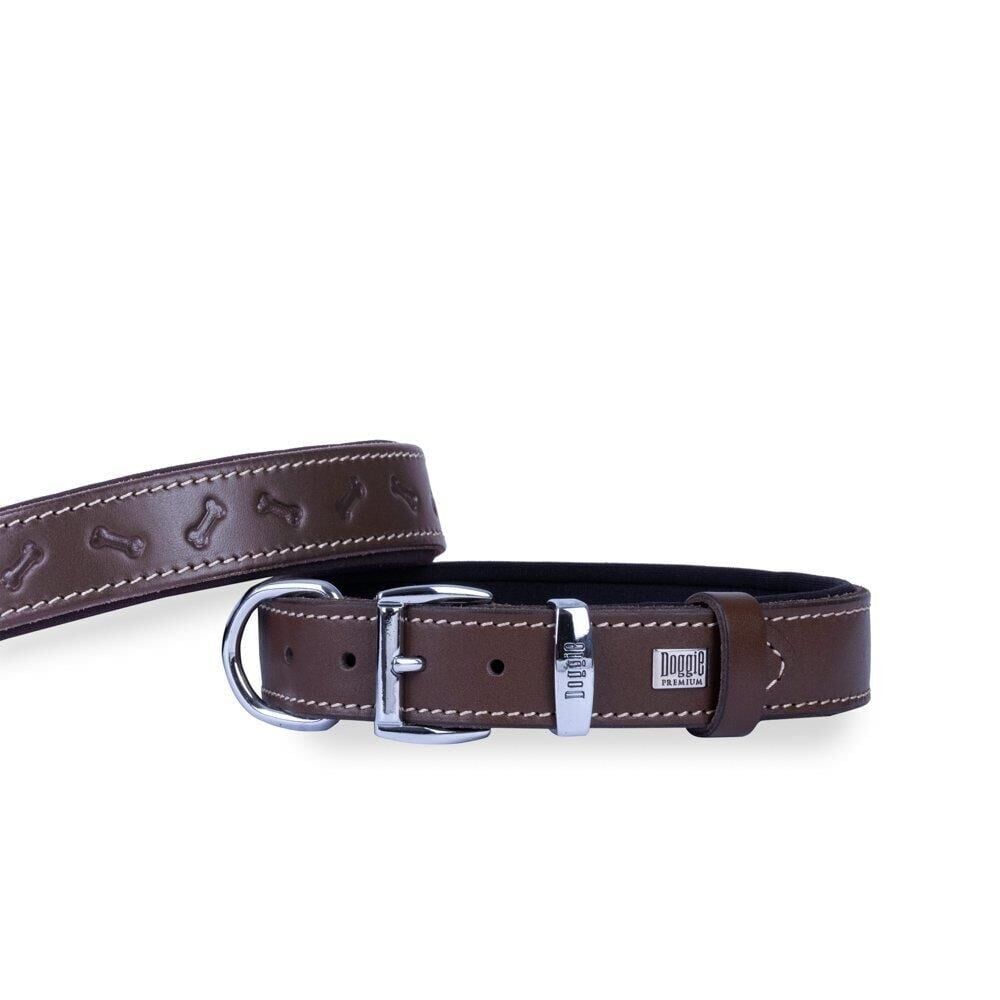 Doggie Konforlu Gerçek Deriden El Yapımı Kemik Desenli Köpek Boyun Tasması 2,5x37-45cm - Kahverengi