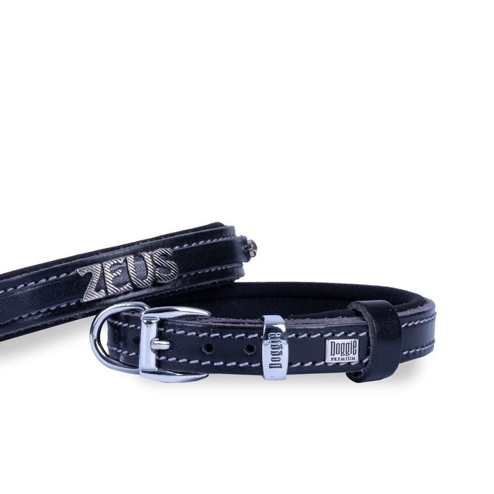 Doggie Konforlu Gerçek Deriden El Yapımı İsimlikli Köpek Boyun Tasması 2x30-35cm - Siyah