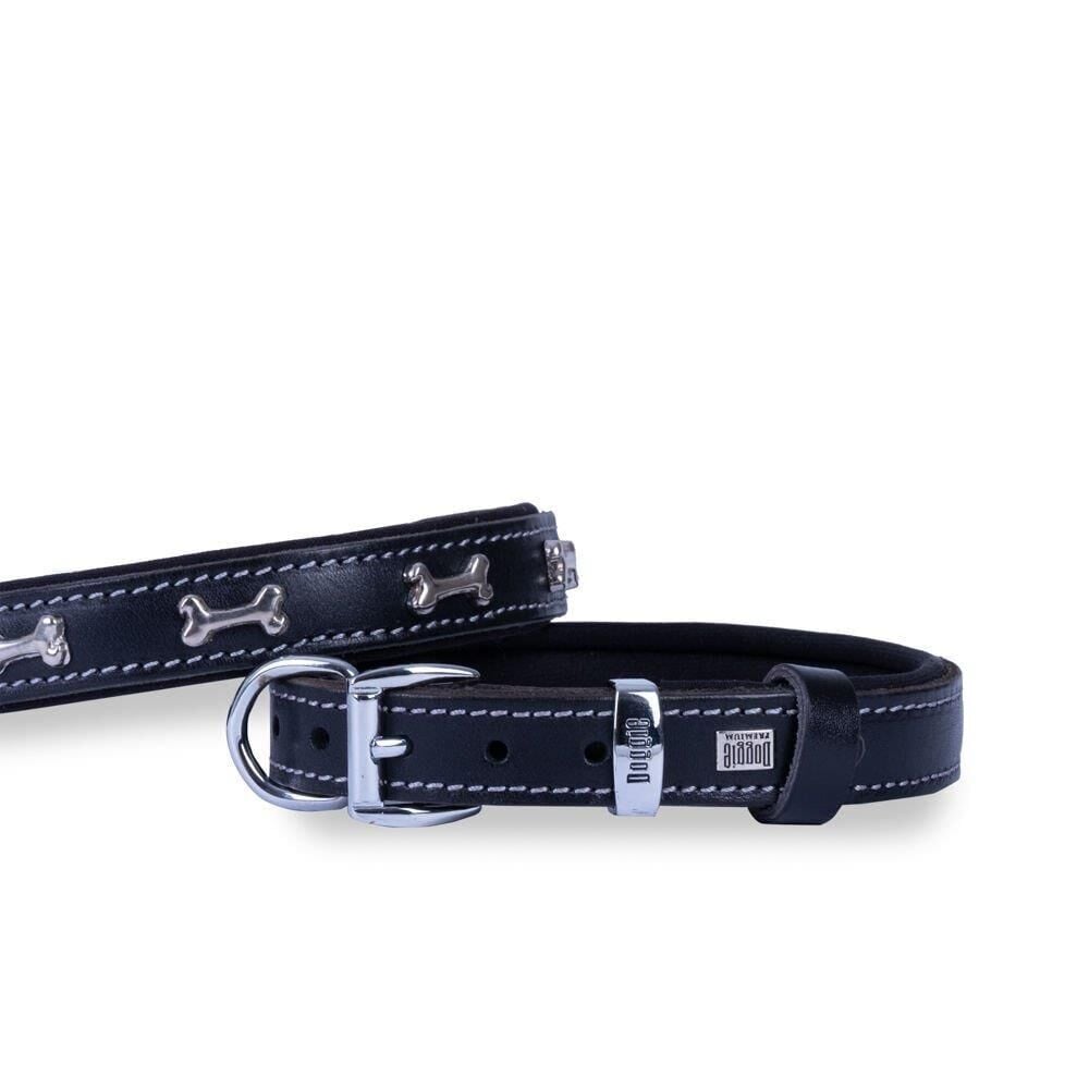 Doggie Konforlu Gerçek Deriden El Yapımı Kemik Süslü Köpek Boyun Tasması 2x35-40cm - Siyah