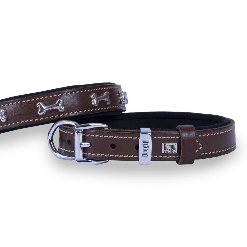 Doggie Konforlu Gerçek Deriden El Yapımı Kemik Süslü Köpek Boyun Tasması 2x35-40cm - Kahverengi
