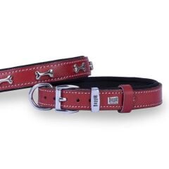 Doggie Konforlu Gerçek Deriden El Yapımı Kemik Süslü Köpek Boyun Tasması 2x30-35cm - Kırmızı