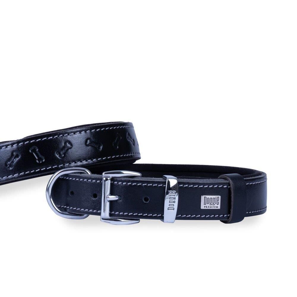 Doggie Konforlu Gerçek Deriden El Yapımı Kemik Desenli Köpek Boyun Tasması 2,5x37-45cm - Siyah