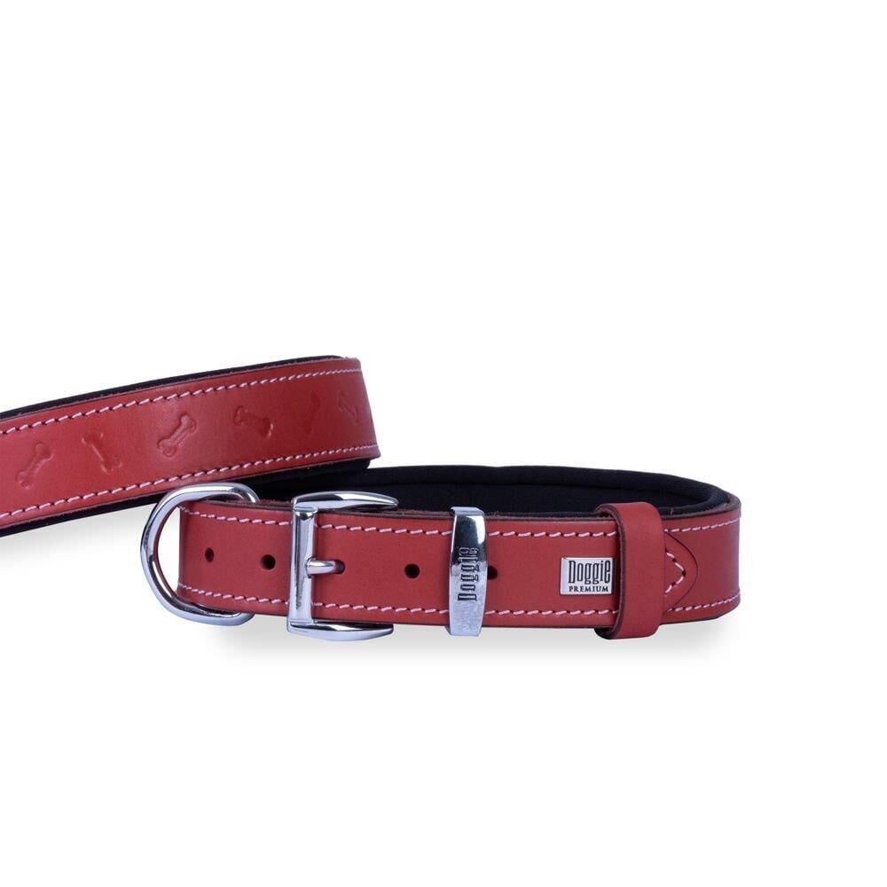 Doggie Konforlu Gerçek Deriden El Yapımı Kemik Desenli Köpek Boyun Tasması 2,5x37-45cm - Kırmızı