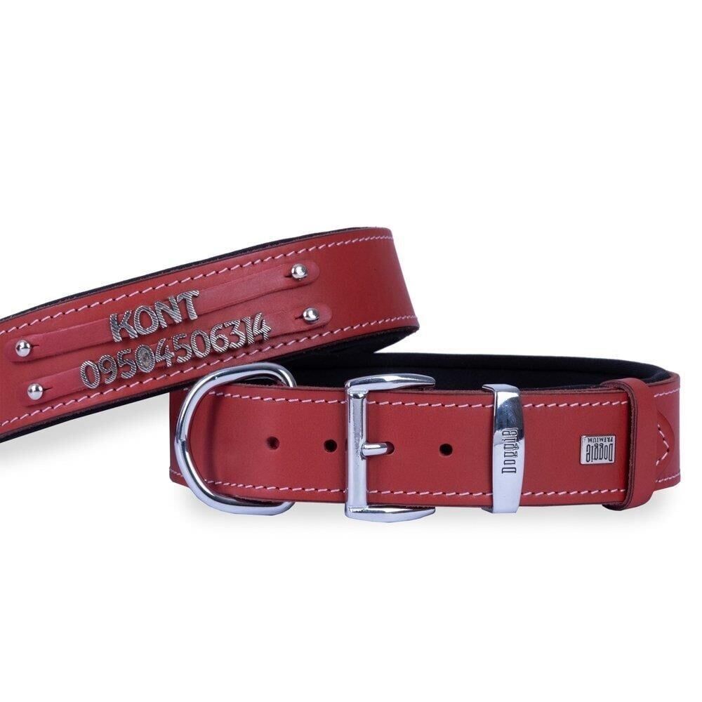 Doggie Konforlu Gerçek Deriden El Yapımı Çift İsimlikli Köpek Boyun Tasması 3,5x52-60cm - Kırmızı