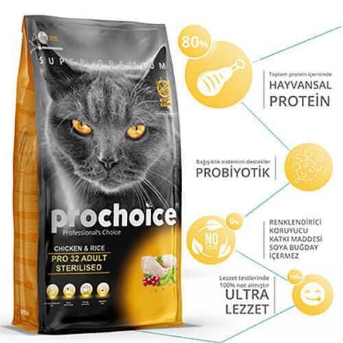 ProChoice 32 Tavuklu ve Pirinçli Kısırlaştırılmış Kedi Maması 2kg