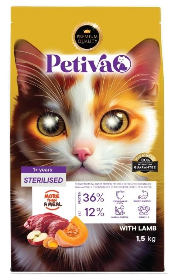 Petiva Kısırlaştırılmış Yetişkin Kediler İçin Kuzu Etli Kuru Kedi Maması 1,5 Kg