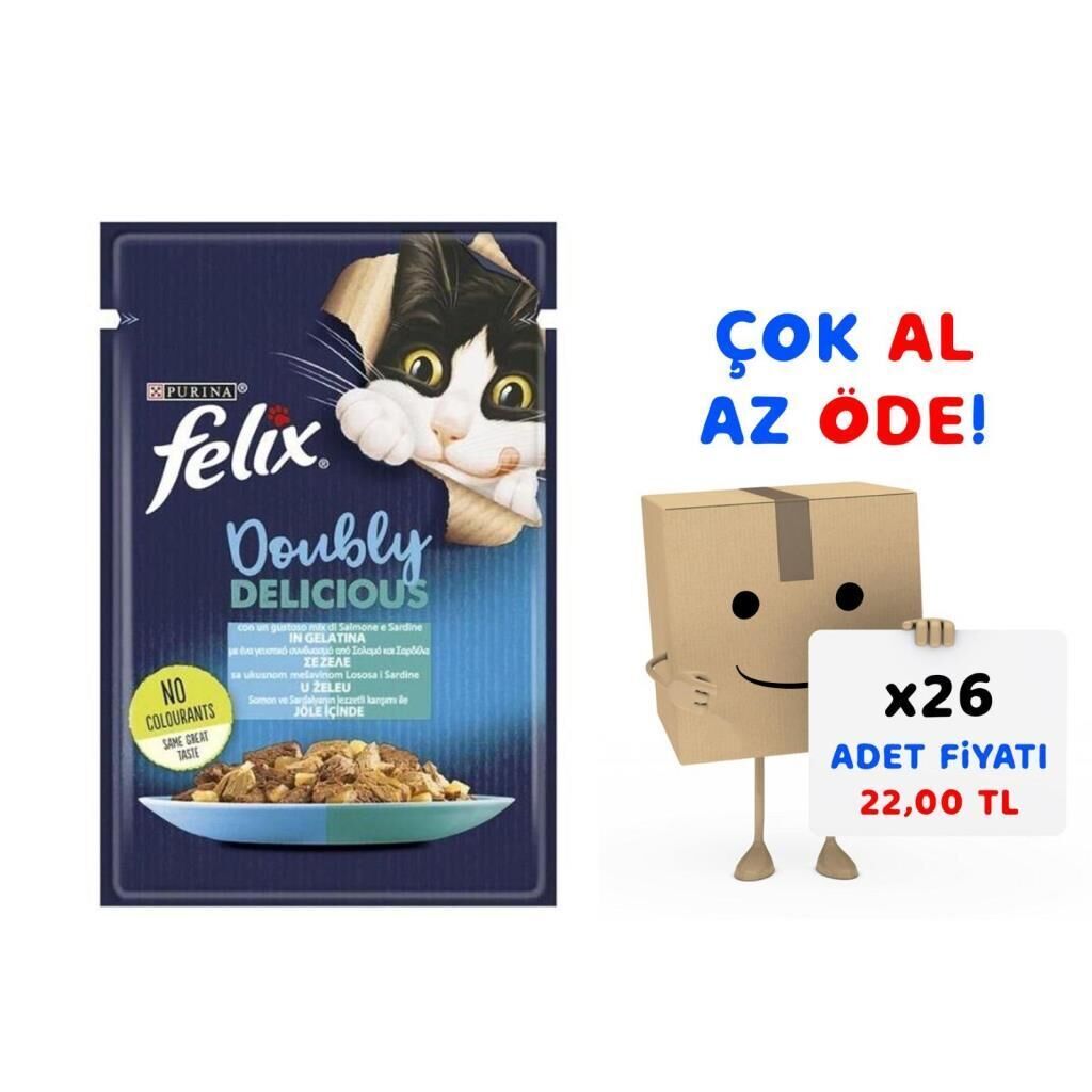 Felix Çifte Lezzet Somonlu ve Sardalyalı Yetişkin Kedi Konservesi 85gr 26'lı Paket
