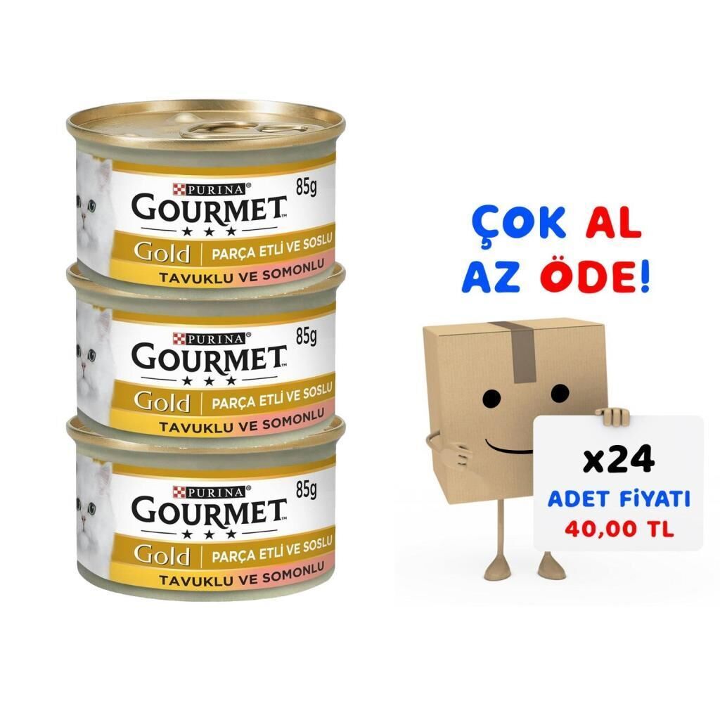 Gourmet Gold Parça Etli Soslu Somonlu Tavuklu Kedi Konservesi 85 Gr 24'lü Paket