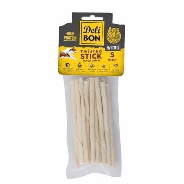 Delibon Beyaz Deri İnce Burgu Çubuk Kemik Köpek Ödülü 20'li Small