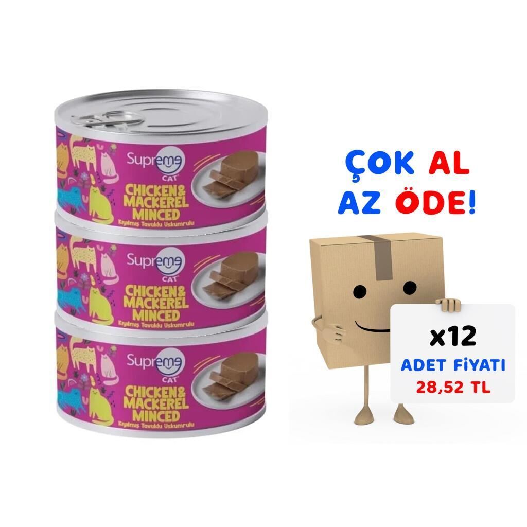 Supreme Cat Kıyılmış Tavuklu ve Uskumrulu Yaş Kedi Maması 85 Gr 12'li Paket