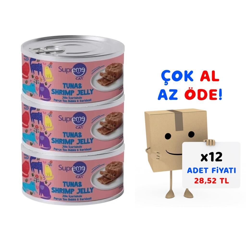 Supreme Cat Parça Etli Ton Balıklı ve Karidesli Yaş Kedi Maması 85 Gr 12'li Paket