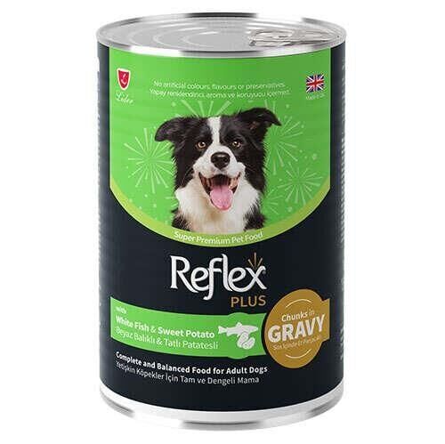 Reflex Plus Beyaz Balıklı ve Tatlı Patates Et Parçacıklı Soslu Köpek Konservesi 400 Gr