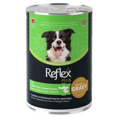 Reflex Plus Beyaz Balıklı ve Tatlı Patates Et Parçacıklı Soslu Köpek Konservesi 400 Gr