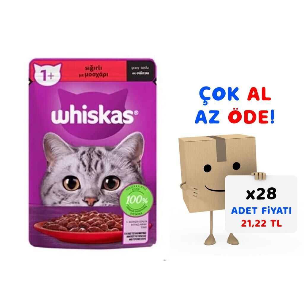 Whiskas Pouch Sos İçinde Sığır Etli Yetişkin Kedi Konservesi 85gr 28'li Paket